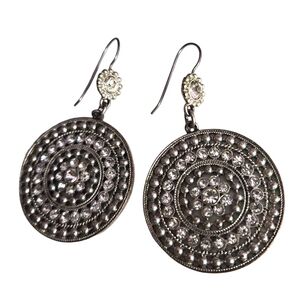 Silver Toned Medallion Statement Earrings‎ With Rhinestones
